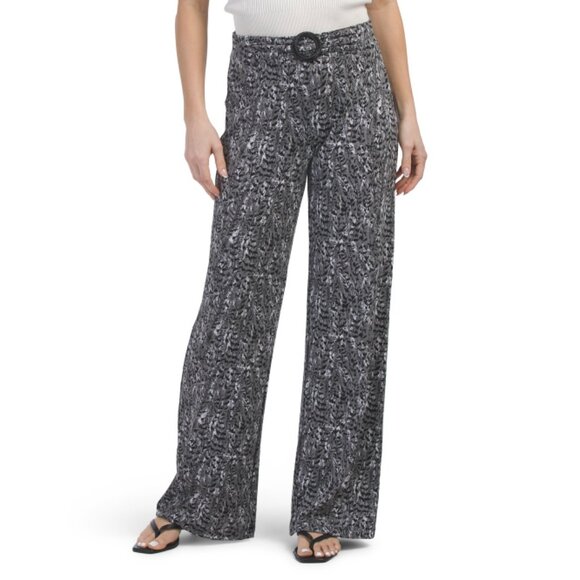 LOVE SCARLETT Black/white Printed Wide Leg Pants With Round Buckle - Picture 1 of 2